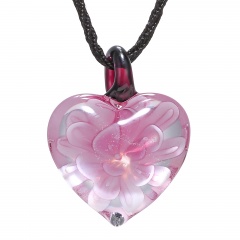 Heart Lampwork Murano Glass Flower Necklace Pendant Fashion Jewelry Hot Pink