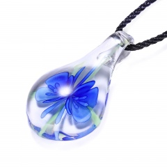 Charm Murano Lampwork Glass Waterdrop Flower Pendant Necklace Jewelry Gift Dark Blue