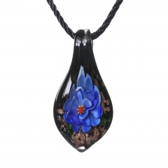 Women Murano Lampwork Glass Waterdrop Flower Inside Pendant Necklace Gift Dark Blue