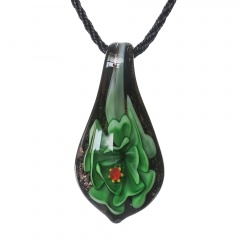 Women Murano Lampwork Glass Waterdrop Flower Inside Pendant Necklace Gift Green