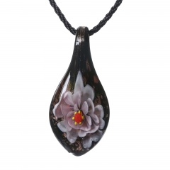 Women Murano Lampwork Glass Waterdrop Flower Inside Pendant Necklace Gift Purple