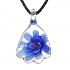 Gold Foil Drop Flower Lampwork Glass Murano Pendant Necklace Women Jewelry Gift Blue