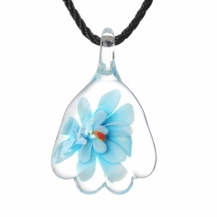 Gold Foil Drop Flower Lampwork Glass Murano Pendant Necklace Women Jewelry Gift Light Blue