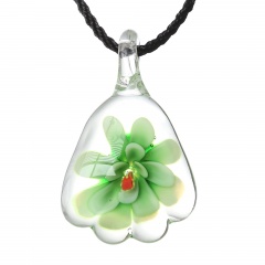 Gold Foil Drop Flower Lampwork Glass Murano Pendant Necklace Women Jewelry Gift Green