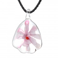 Gold Foil Drop Flower Lampwork Glass Murano Pendant Necklace Women Jewelry Gift Pink