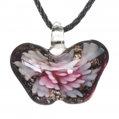 Women Butterfly Foil Drop Flower Lampwork Glass Murano Pendant Necklace Women Jewelry Gift Pink
