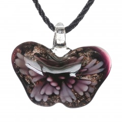 Women Butterfly Foil Drop Flower Lampwork Glass Murano Pendant Necklace Women Jewelry Gift Purple