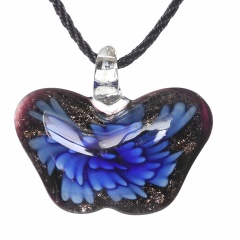 Women Butterfly Foil Drop Flower Lampwork Glass Murano Pendant Necklace Women Jewelry Gift Blue