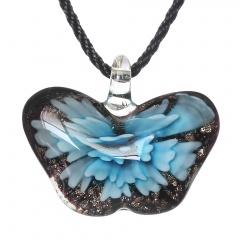 Women Butterfly Foil Drop Flower Lampwork Glass Murano Pendant Necklace Women Jewelry Gift Light Blue