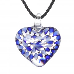 Charm Murano Lampwork Glass Round Flower Heart Pattern Pendant Necklace Jewelry Blue