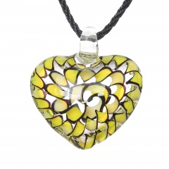 Charm Murano Lampwork Glass Round Flower Heart Pattern Pendant Necklace Jewelry Yellow & Black