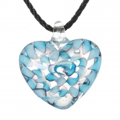 Charm Murano Lampwork Glass Round Flower Heart Pattern Pendant Necklace Jewelry Light Blue