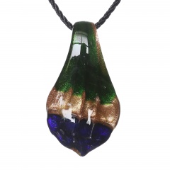 Women Gold Foil Drop Flower Lampwork Glass Murano Pendant Necklace Jewelry Gift Dark Green