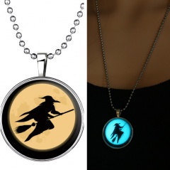 Halloween Steampunk Glow in the Dark Glowing Pendant Necklace Stainless Steel Chain Gift Flying Witch