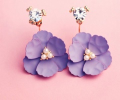 1 Pair Camellia Bright Diamond Back-Mounted Earrings Purple