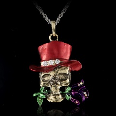 Fashion Crystal Skull Rose Pendant Necklace Women Jewelry Red
