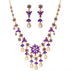 Fashion Gold Crystal Pearl Necklace Earring Jewelry Set purple