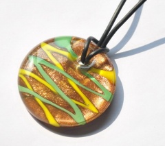 Handmade Lampwork Murano Glass Colorful Round Stripe Pendant Necklace Green&Yellow