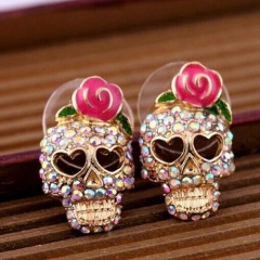 Retro Skull Rhinestone Stud Earrings With Diamonds Jewelry Skull