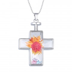 Fashion Dried Flower Cross Pendant Necklace Glass Chain Jewelry Dried Flower Yellow