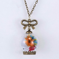 Fashion Real Dried Flower Pearl Glass Pendant Necklace Bow Chain Jewelry Gifts Yellow Blue