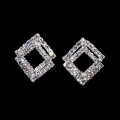 Fashion Wedding Rhinestone Earrings Simple Bride Silver Earrings Temperament Jewelry Gift Double Square
