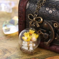 Fashion Real Dried Flower Pearl Glass Pendant Necklace Bow Chain Jewelry Gifts Yellow