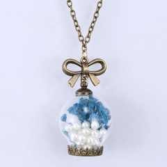 Fashion Real Dried Flower Pearl Glass Pendant Necklace Bow Chain Jewelry Gifts Blue Pearl