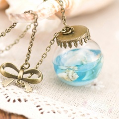 Ocean Series Pearl Sea Shell Drifting Bottle Glass Cover Necklace (size 25mm ball diameter, chain length 87cm) Bronze