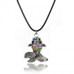 Fashion Women Crystal Crown Guitar Zircon Pendant Necklace Fish