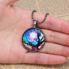 Fashion Round Printing Pendant Necklace Chain Charm Jewelry Blue