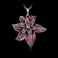 Fashion Silver-Plated Smear Alloy Leaf Shape Pendant Necklace with Rhinestone Pink