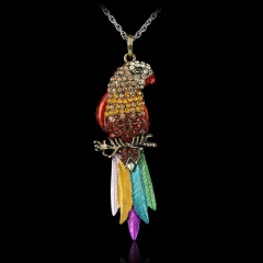 Fashion Crystal Rhinestone Charm Parrot Pendant Necklace Sweater Chain Jewelry Brown