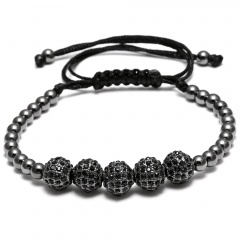 Hand-Woven Bracelet Men’s Jewelry Black Rope Round Bead Adjustable Handmade Bracelet Black