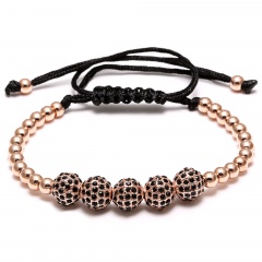 Hand-Woven Bracelet Men’s Jewelry Black Rope Round Bead Adjustable Handmade Bracelet Rose Gold