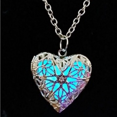 Vintage Hollow Silver Heart Moon Owl Glow In The Dark Luminous Pendant Necklace Heart