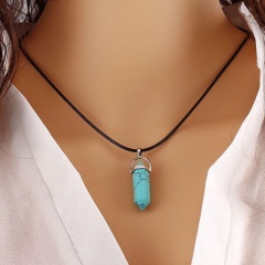 Fashion Bullet Crystal Pendant Necklace Leather Chain Jewelry Blue