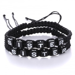 2PCS/Set Couples Handmade Knit Friendship Adjustable Bracelet Set SISTER Black