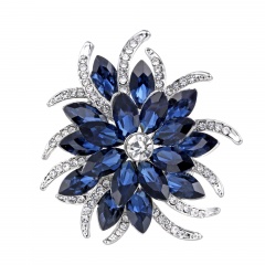 Dark Blue Glass Crystal Flower Brooch Elegant Silver Brooches Pins New Fashion Rhinestone Brooches For Wedding Jewelry Blue