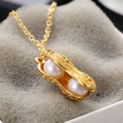 Fashion Pearl Peanut Rings Pendant Necklace Hollow Charm Chain Jewelry Peanut Pearl Gold