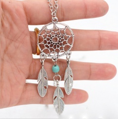 Retro Boho Dream Catcher Turquoise Feather Pendant Tassel Chain Necklace Jewelry 1