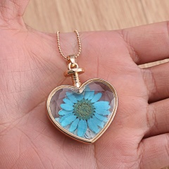 Natural Dried Flower Gold Heart Glass Locket Pendant Necklace Long Sweater Chain Blue sunflower