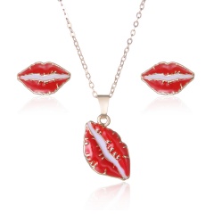 Fashion Gold Plated Big Red Lips Necklace And Earrings Set Lips