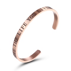 Rinhoo 1PC Rose Gold Stainless Steel LOVE THE LIFE YOU LIVE Engraved Opening Bangle & Bracelet For Women's Fashion Jewelry Gift Rose Gold