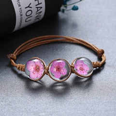 Rinhoo 1PC Handmade Sakura Dry Flower Time Gemstone Pendant Weaving Rope Chain Bracelet For Women's Fashion Jewelry Gift Dry Flower