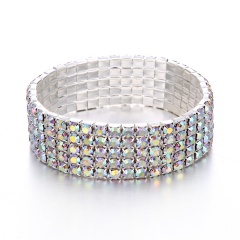 5 Rows-Elastic Bracelet Full Crystal Rhinestone Bangle Womens Wedding Bridal Jewellery Silver