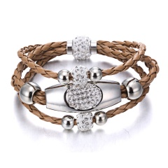 Leather Multilayer Magnetic Clasp Alloy With Rhinestone Beads Bracelet Brown