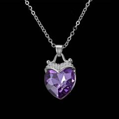 Luxury Purple Heart Rhinstone Pendant Necklace Crystal Charm Chain Jewelry Purple