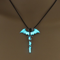 Glow In The Dark Luminous Leather Cross Dragon Pendant Necklace Men's Jewelry Blue Green