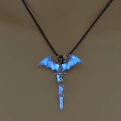 Glow In The Dark Luminous Leather Cross Dragon Pendant Necklace Men's Jewelry Sky Blue
